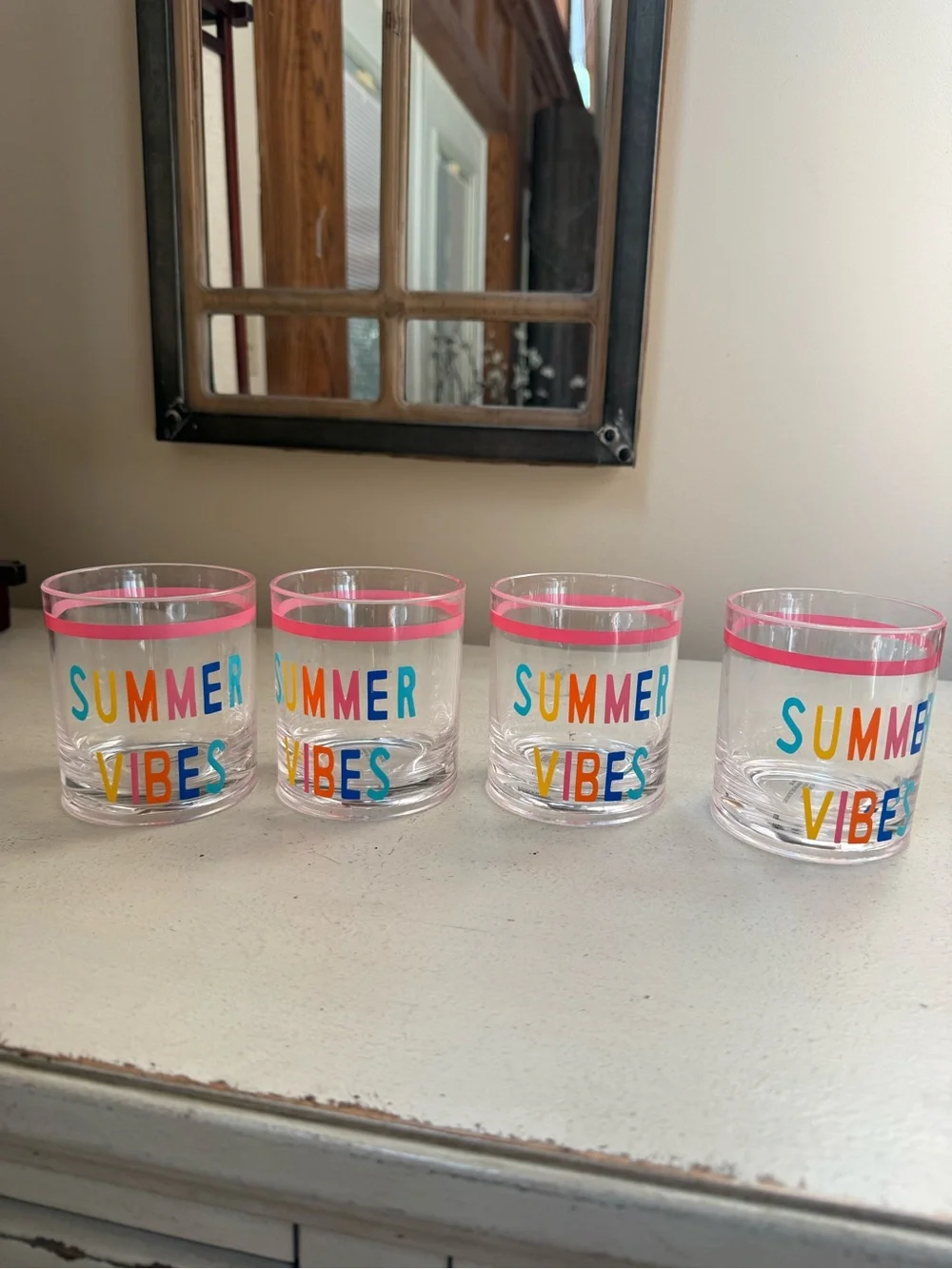 Summer Vibes Pink Rim Clear Drink Tumblers - Set of 4